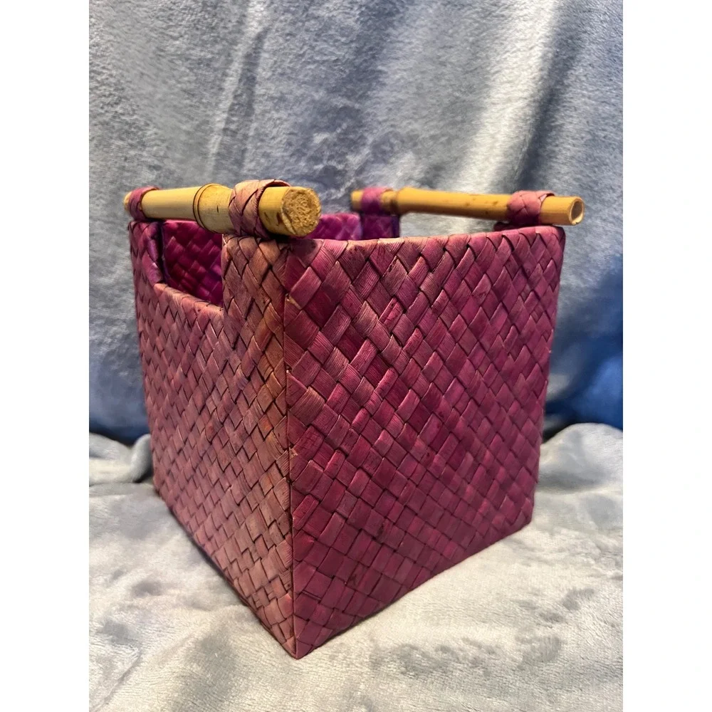 Magenta Woven Bamboo Basket 8x6‎ Boho Storage Bin Handcrafted Indonesia